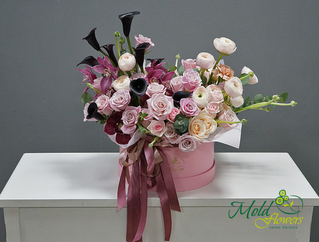 Розовая коробка с чёрными каллами и орхидеей (под заказ, 10 дней) Фото